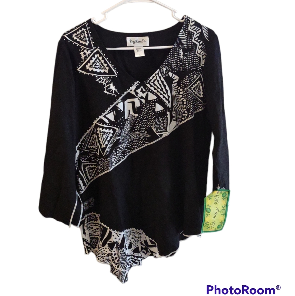 Resort Blouse‎ Linen blend Size Large Vacation Beach Bohemian Artsy Funky Casual